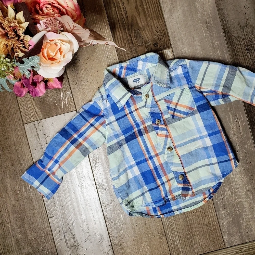 Old Navy Boys 12-18m Plaid Button Down Shirt Blue Orange EUC